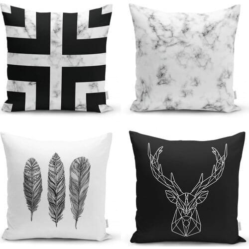 Black and Marble Elegance Set of 4 Cushion Cover Set, Decorative Item, Living Room