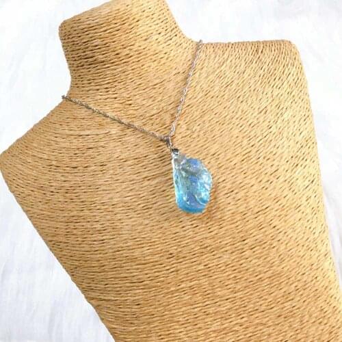 CSJ High quality Natural Aquamarine Raw Gemstone Pendant irregular Rough Aquamarine Gemstone Pendant Silver chain+ 1 pcs