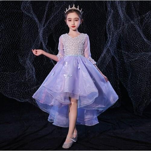 Flower Girl Dresses Illusion V-Neck Half Appliques Crystal Princess Knee-Length Tulle Lace Luxury Purple Kids Party Gown H648