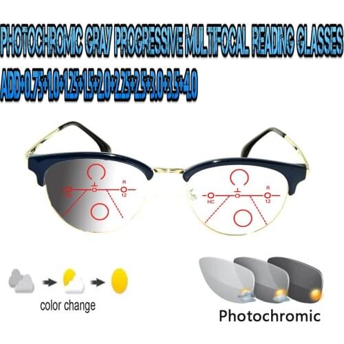 Photochromic Gray Progressive Multifocal Reading Glasses Men Women Ultralight Black Frame+1.0 +1.5 +1.75 +2.0 +2.5 +3 +3.5 +4