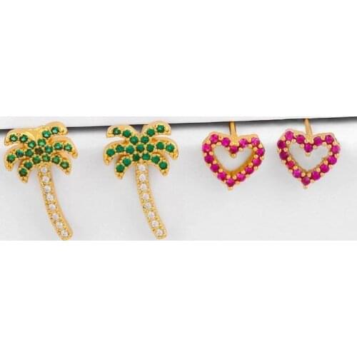 Coconut tree heart multicolor Brass micro pave cz zircon cubic zirconia drop Hoop Earrings studs copper gold plated crystal xv2