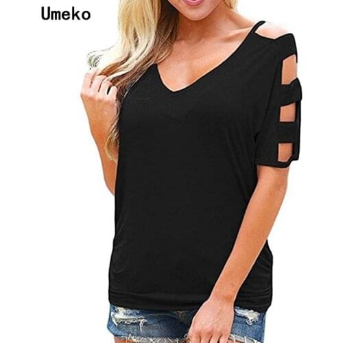 Fashion Black Summer T-Shirt Womens Casual Hollow Short Sleeves V-neck Solid T-shirt White Top T-shirt Ladies Women Clothings
