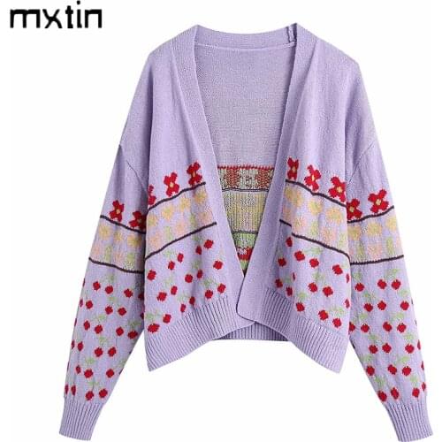 MXTIN 2021 Women Spring Vintage Print Cardigan Knitted Sweater Fashion Open Stitch Long Sleeve Outwear Female Casual Chic Tops