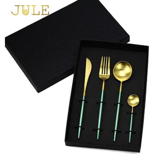 4pieces ccutipol Style Gold Cutlery Set Dining Knives Forks Dinnerware Sets 18/8 Stainless Steel Christmas Gift Tableware Set