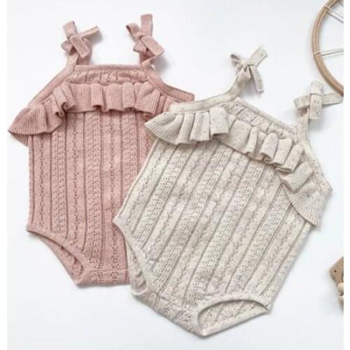 New 2021 Baby Girl Sleeveless Sweet Rompers Newborn Knitted Jumpsuits Summer Baby Girl Bowknot Hollow Out Clothes
