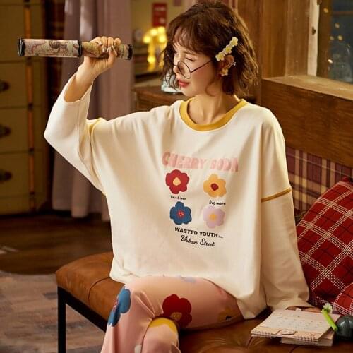 Cotton Womens Pajamas, Long-sleeved Autumn and Winter Hedging Korean Style Cute Student Casual Plus Size Comfortable Home Wear