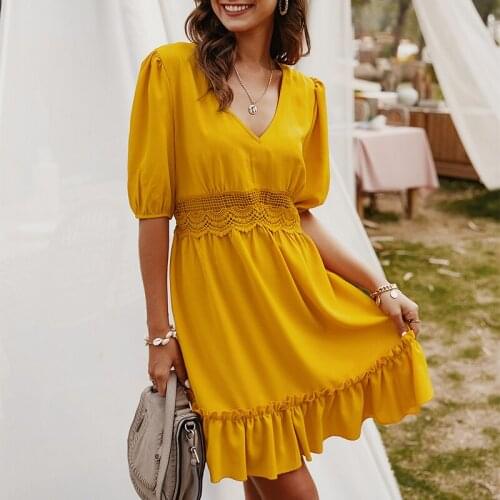 GOOHOJIO Elegant Boho Midi Dress Women Patchwork Lace Sexy Fashion Beach Dresses Women Half-sleeve Sundresses Vestidos Cloth