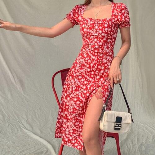 Mid-length Dress 2021 New Summer Retro Party Dress Ladies French Style Puffy Sleeves Floral Square Collar Side Slit Vestido
