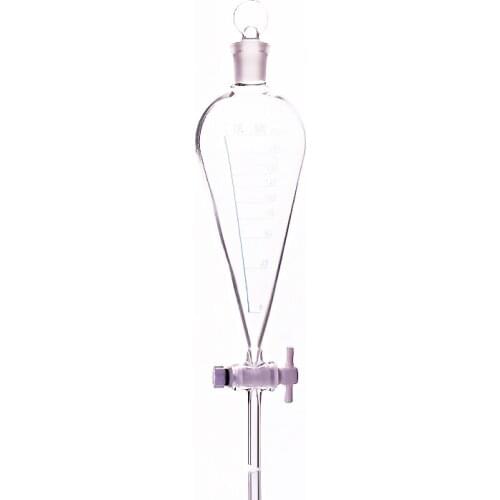 Separatory funnel pear shape,with ground-in glass stopper and stopcock,With tick marks,Capacity 250ml,PTFE switch valve