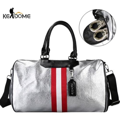 Silver PU Leather Gym Bag Fitness Women Traveling Tote Handbag Men Shoulder Crossbody Bags Luggage for Shoes Duffle Blaso XA128D