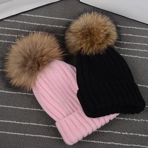 Fashion Raccoon Ball Fur Pom Pom Hat Winter Hat Girl 's Hat Knitted Beanie Cap Hats Thick Women Hat Winter Knit Hat Children
