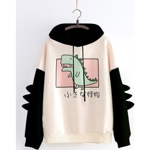 Cartoon Dinosaur Sweatshirt Teen Girls Winter Clothes Fleece Long Sleeve Splice Hooded Sweatshirt Students Patchwork Tops FN60