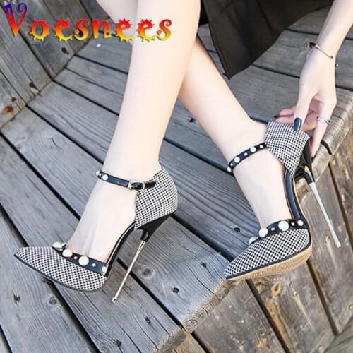 Summer Pearl Womens Pumps Super High Heels New Pointed Balck White Plaid Mixed Colors Women Shoes Wild Buckle Strap Party Heels