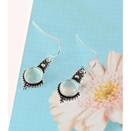 Vintage Unique Women Rainbow Color Faux Moonstone Dangle Hook Earrings Jewelry Gift Lovers Couple Charm Jewelry