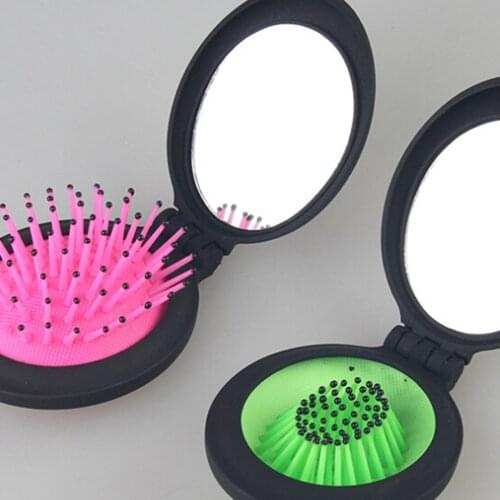 HIgh Quality 2 in 1 Women Girls Portable Mini Folding Brush Massage Round Travel Hair Brush With Mirror