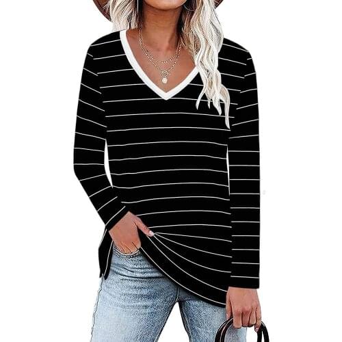 2021 Spring and Autumn T-Shirt Women Fashion Casual Loose V-Neck Stripe Cotton Long Sleeve Tops Plus Size Pullover Tee