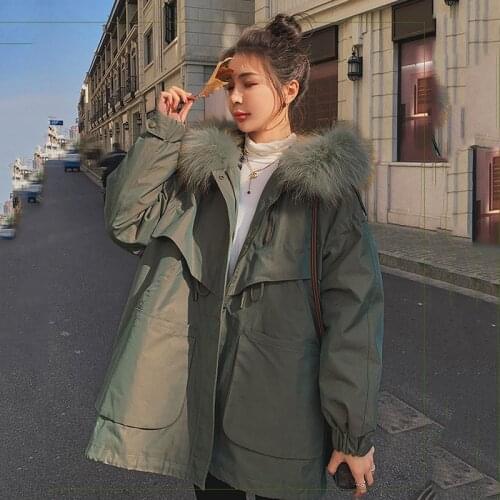 Womens Parker Cotton Jacket Short Winter Korean Hooded Fur Collar Tooling Plus Velvet Thickening Long-sleeved Loose Coat Female