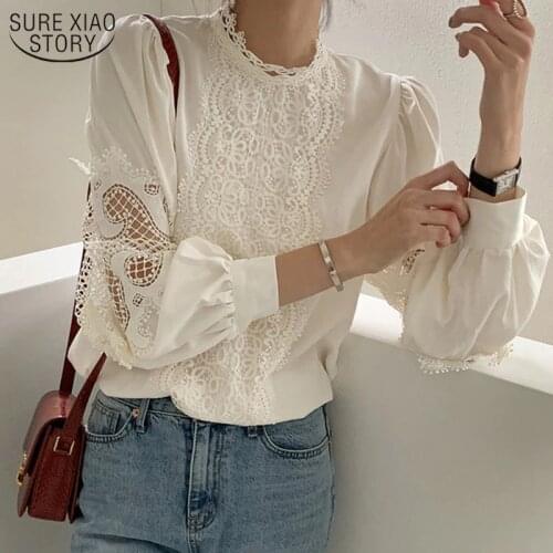 Loose Lace Women White Shirts Sweet Hollow Out Lantern Sleeve Vintage Blouse Women Stand Collar Blouses New Solid Apricot 12620