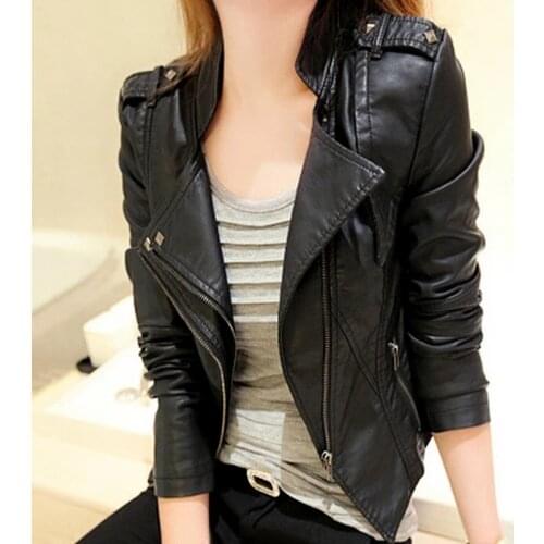 Women Faux Leather Jacket Leather Clothing with Stand Collar Womens Motorcycle Short Jacket PU Leather Jacket Veste Femme