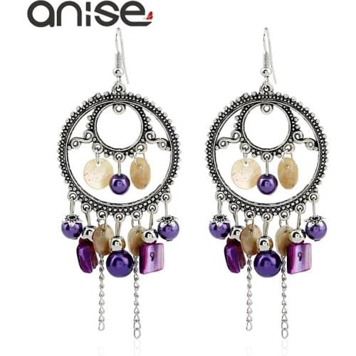Anise Vintage Ethnic Shell Beads Long Tassel Earrings for Women Silver Color Geometric Dangle Earrings Bohemian Brinco Jewelry