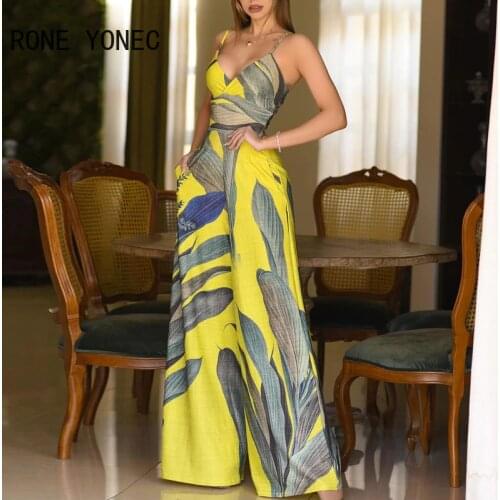 Women Tropical Print Sleeveless Pocket Design Wide Leg Jumpsuit Women Casual Jumpsuit
