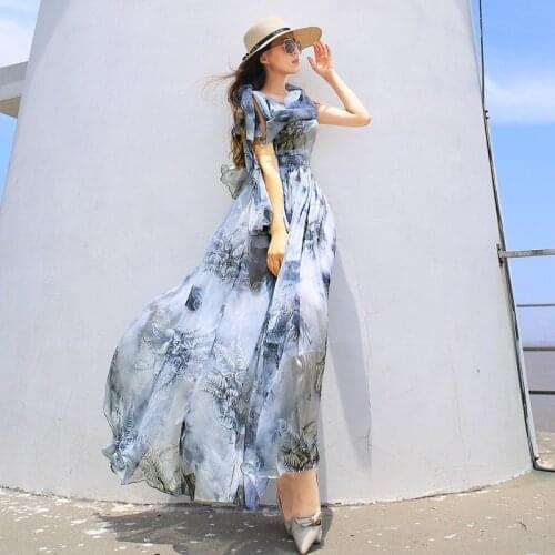 Designer Boho Maxi Dress Womens Elegant Beach Vacation Flower Printing Long Dress Bow Collar Floor-Length Party Dresses
