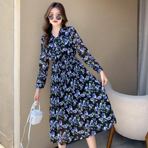 Hebe&Eos New Autumn Elegant Chiffon Dress 2021 Vintage Floral Print Boho Dress Woman Long Sleeves Pleated Midi Dresses Vestidos