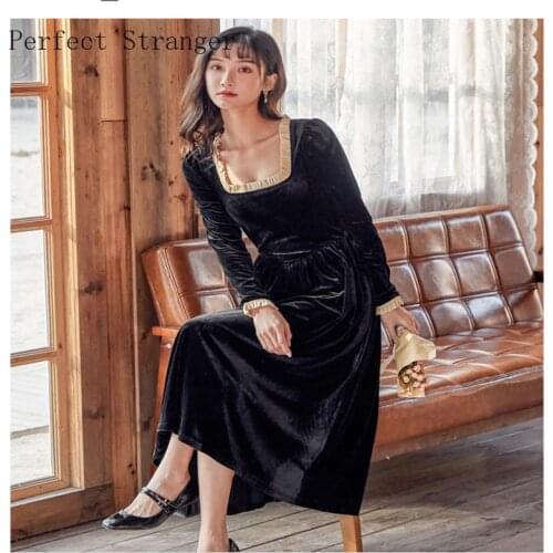 2021 Winter New Arrival Retro Elegant Square Collar Long Sleeve Woman Long Velvet Dress High Quality Women Clothing