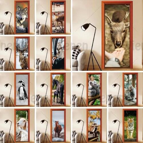 3D Stickers On The Door Home Decoration Wild Animal Wall Decals Self-Adhesive PVC Removable Mural Animals Poster Door Wallpaper