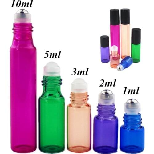 50pcs/lot 1ml 2ml 3ml 5ml 10ml Colorful Perfume Roll on Bottle with Glass/Metal Ball Roller Essential Oil Vials Thin Glass