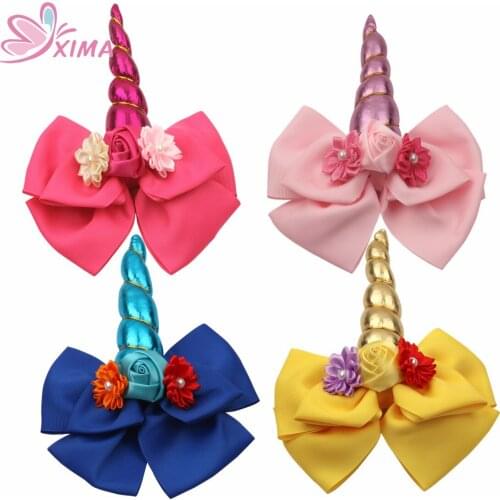 XIMA 6inch Large Unicorn Bowknot Hairpins Glitter Flower Hair Bow Girls Barrettes Unicorn Bow Hair Clip Hair Accessories