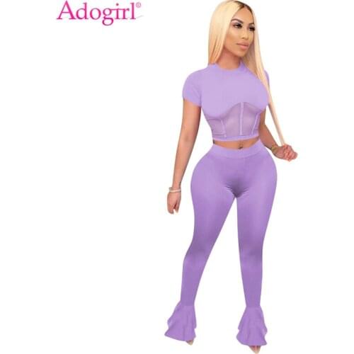 Adogirl Solid Women 2 Piece Set Sheer Mesh Patchwork Short Sleeve Crop Top Flare Pants 2020 Summer Fashion Leisure Tracksuit