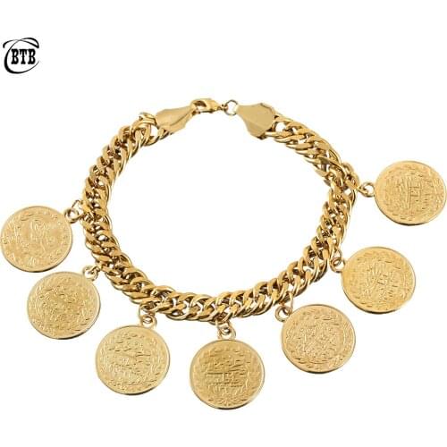 Arab Allah Jewelry Length 23CM/Turkey Coin Bracelet for Women Gold Color Turks Simgesi Osmanli Turasi Muslim Islam Bangles