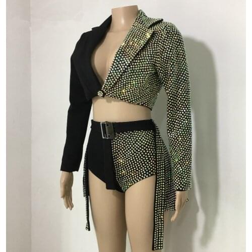 Sparkly AB Rhinestones Outfit Sexy Black Blazer Short Design Party 2 Pieces Set Dj Female Singer Nightclub Dance Skirt Costume