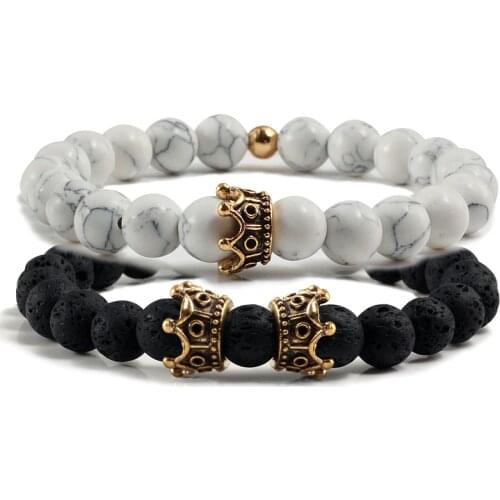 His And Hers Couple Bracelet Distance Jewelry Natural Lava Stone Beads Crown King Men Women Bracelets Bangles Best Friend Gifts
