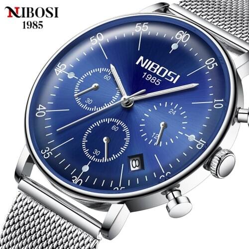 NIBOSI Sport Blue Mens Watches Top Brand Luxury Wristwatch Military Clock Stainless Steel Mesh Belt Curved Mirror Watch for Men