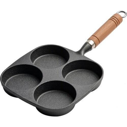 Four-Hole Cast Iron Frying Pot Thickened Omelet Pan Black Non-stick Egg Steak Ham Pancake Wooden Handle Kitchen Cooking pots