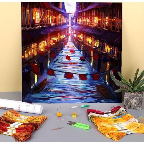 Scenery Canal City Printed 11CT Cross-Stitch Patterns Embroidery DMC Threads Sewing Handiwork Needlework Knitting Mulina Magic