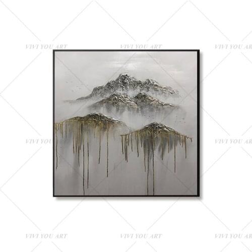 100% Handmade Silver Gray White Mountain Abstract Gold Oil Painting for Living Room Modern Painting wall decor picture art Gift