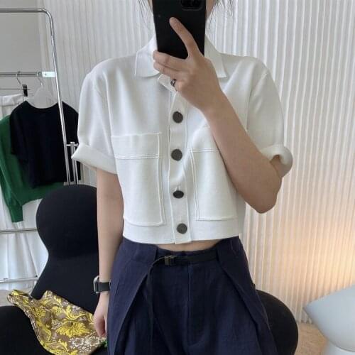 Summer womens casual solid color lapel short sleeve pocket decoration loose short T-shirt