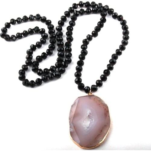 MOODPC Fashion Bohemian Jewelry Glass Crystal Long Knotted Gray Agat Pendant Necklaces For Women Necklace