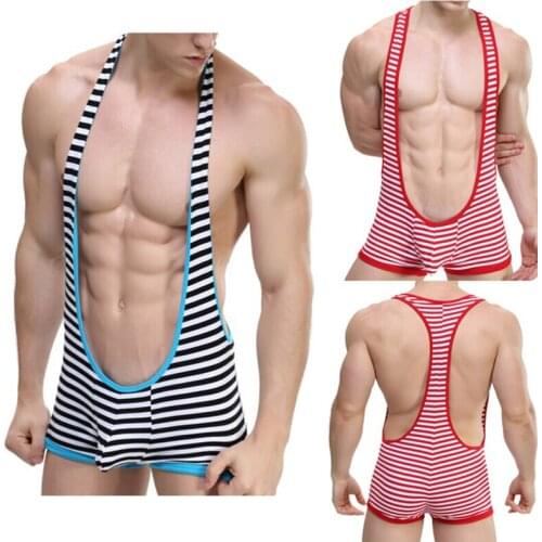New Hot Mens Underwear Striped Bodysuit Wrestling Singlet Male Gay Fetish Leotard Catsuit Sexy Slips S M L XL Free Shipping