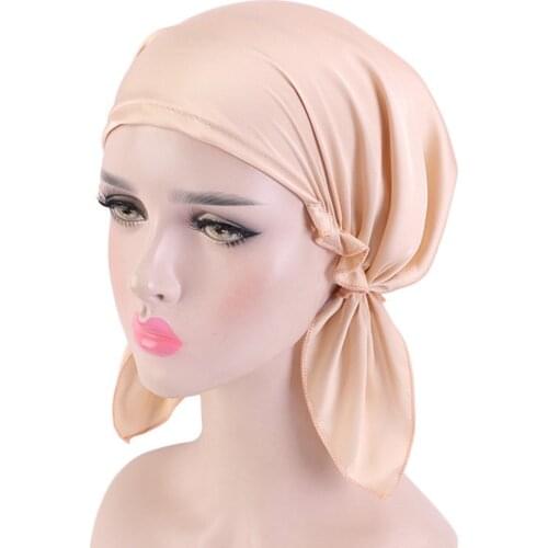 New Silky pre-tied Muslim Turban Womens Hijab Beanies Caps Headwear Head Wrap Hair Loss Headwear