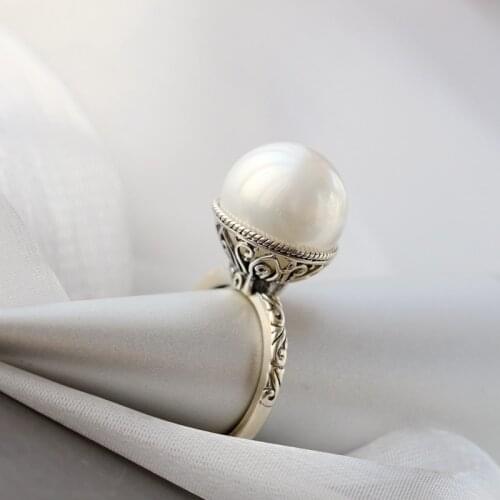 Authentic 925 Sterling Silver Lady Retro Style Charm Rings Inlaid Trendy Imitation Pearl Opening Adjustable Ring Jewelry Gift