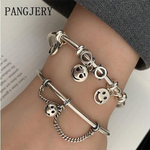 PANGJERY 925 Sterling Silver Opening Bracelet Bangles for Women Couples Vintage Simple Punk Smiley Face Party Jewelry Gifts