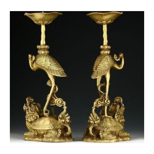 A Pair of Delicate Chinese Brass Cranes Standing on Dragon Turtle Statue Candlesticks