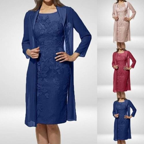 2Pcs/Set Women Dress Embroidery Pattern Lace Design Long Sleeve Round Collar Sexy Style Breathable Dress with Cardigan Home Wear