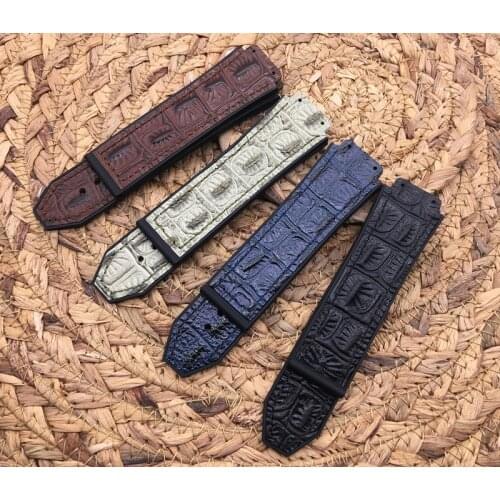 25*19mm Crocodile pattern cow leather Rubber Watchband butterfly Buckle for Hublot strap for Big Bang belt Watch band logo on