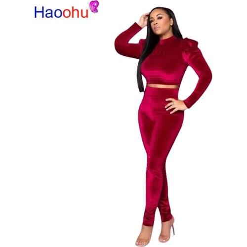 HAOOHU Sexy Velvet 2 Two Piece Set Women Tracksuit Rave Festival Clothing Crop Top and Pants Matching Sweat Suits Club Outfits