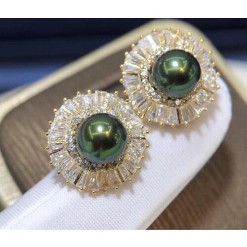 D510 Pearl Earrings Fine Jewelry Round 7-8mm Nature Fresh Water Peacock Green Pearls Stud Earrings for Women Presents